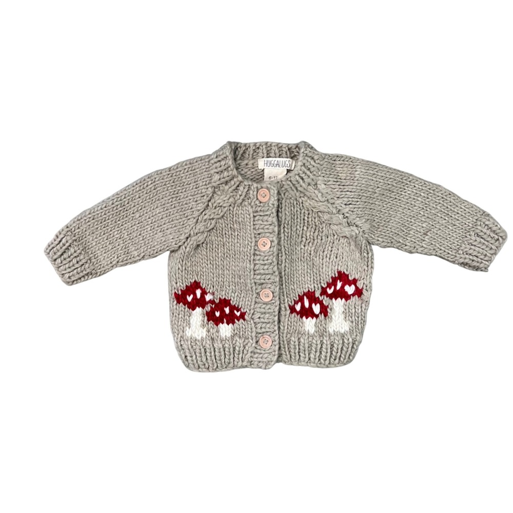 Huggalugs Mushroom Chunky Knit Cardigan Gray Red 6-12M Hand Made Baby Sweater